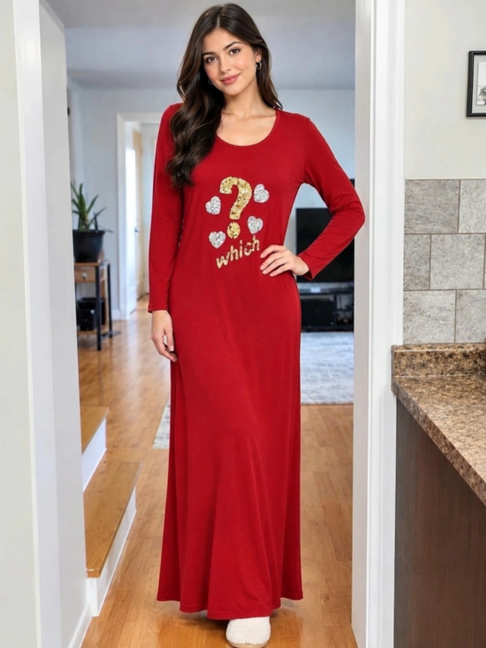 Sky Moonlight Collection Red Sequin Question Mark Maxi Dress Long Sleeve